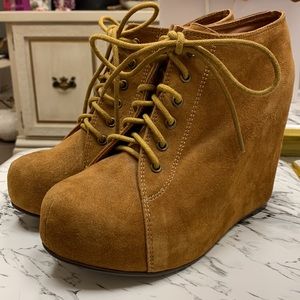 JEFFREY CAMPBELL Havana 99-tie Camel Suede Wedge Ankle Booties Size 9 Heel 4”